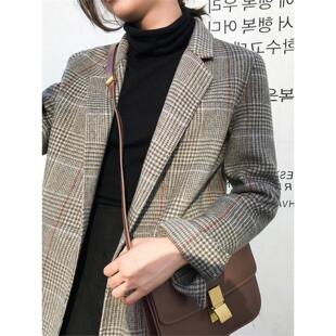 秋冬季新款冬格纹西服韩版chic复古宽松中长格子小西装外套女毛呢