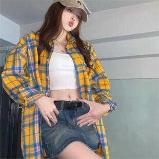 2026春秋新款黄色格子长袖衬衫女上衣新韩版设计感宽松防晒衬衣外