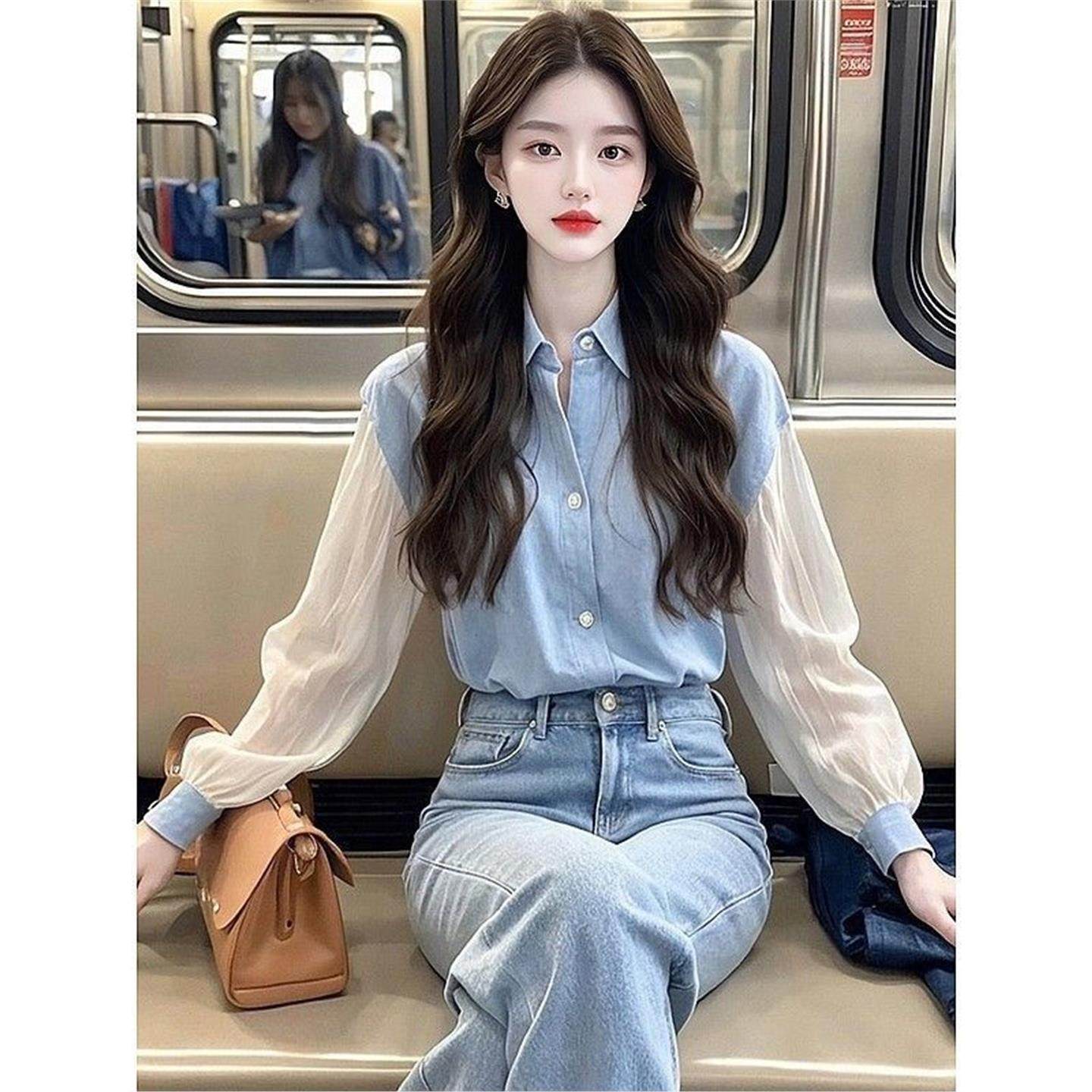 2026春秋新款薄透气蕾丝蓝白色拼接长袖衬衫女上衣衬衣雪纺衫防晒