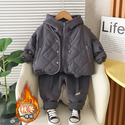 男童夹棉马甲三件套儿童秋冬连帽卫衣加绒套装宝宝冬装加厚棉服潮