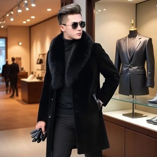 冬季新款海宁仿貂皮大衣加绒加厚中长款皮草外套男士休闲保暖
