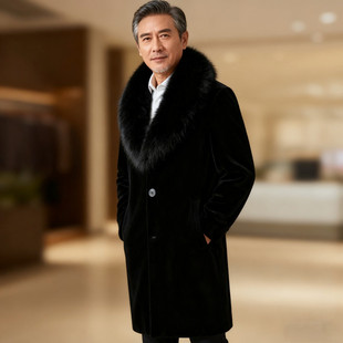 2025冬季新款中老年仿水貂毛大衣中长款加厚仿狐狸毛领皮草外套男