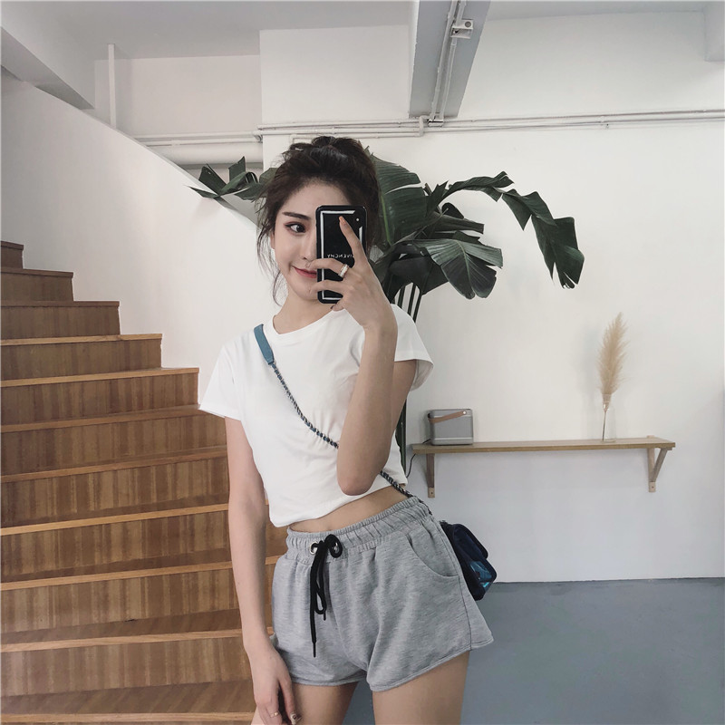 Actual Short-style High-waist Model Pure White Short-sleeved T-shirt for Women Summer Base Baitie Bottom Top