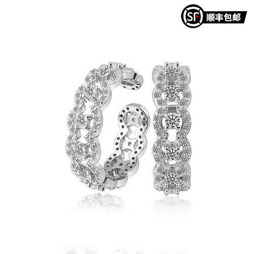 WIC S925银莫桑石戒指法式白蕾丝满钻镂空可调节欧美镶嵌戒指