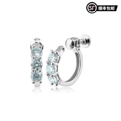 WIC 螺丝款无耳洞三钻马尔代夫蓝莫桑钻耳夹耳环