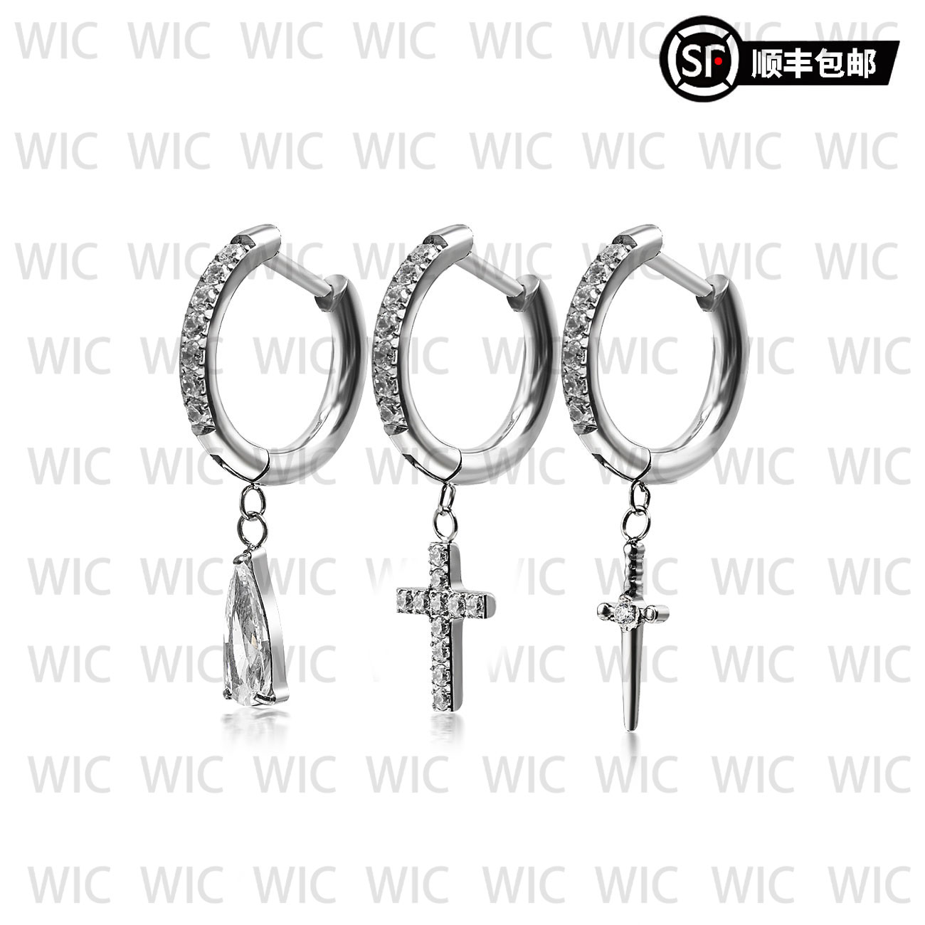 WIC 钛合金锆石耳饰直针十字架耳环TA-F136钛合金CNC切割耳坠