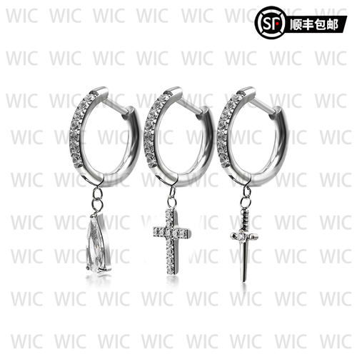 WIC 钛合金锆石耳饰直针十字架耳环TA-F136钛合金CNC切割耳坠