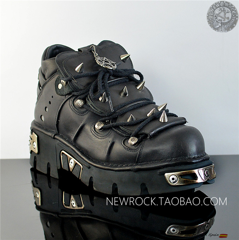 现货NewRock真皮暗黑朋克金属铆钉厚底高帮鞋哈雷骑士男鞋110-S1