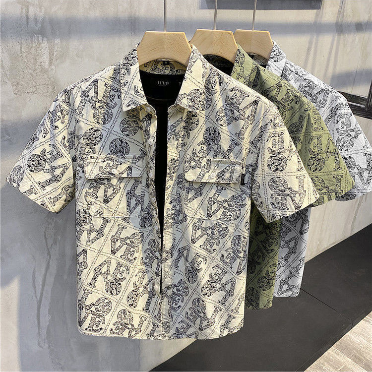 2024新款夏装复古花衬衫潮牌ins风青年寸衣花纹满印男士短袖衬衣图片