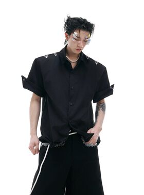 黑色衬衫男潮牌大码痞帅炸街可拆卸长袖衬衣廓形高级感发型师男装