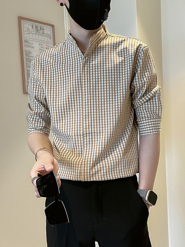 高级感格子衬衫男短袖潮牌痞帅衬衣男款2024新款男士夏季半袖上衣图片