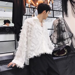 春秋款韩版时尚宽松休闲慵懒长袖衬衫男女青年中性情侣羽毛衬衣潮