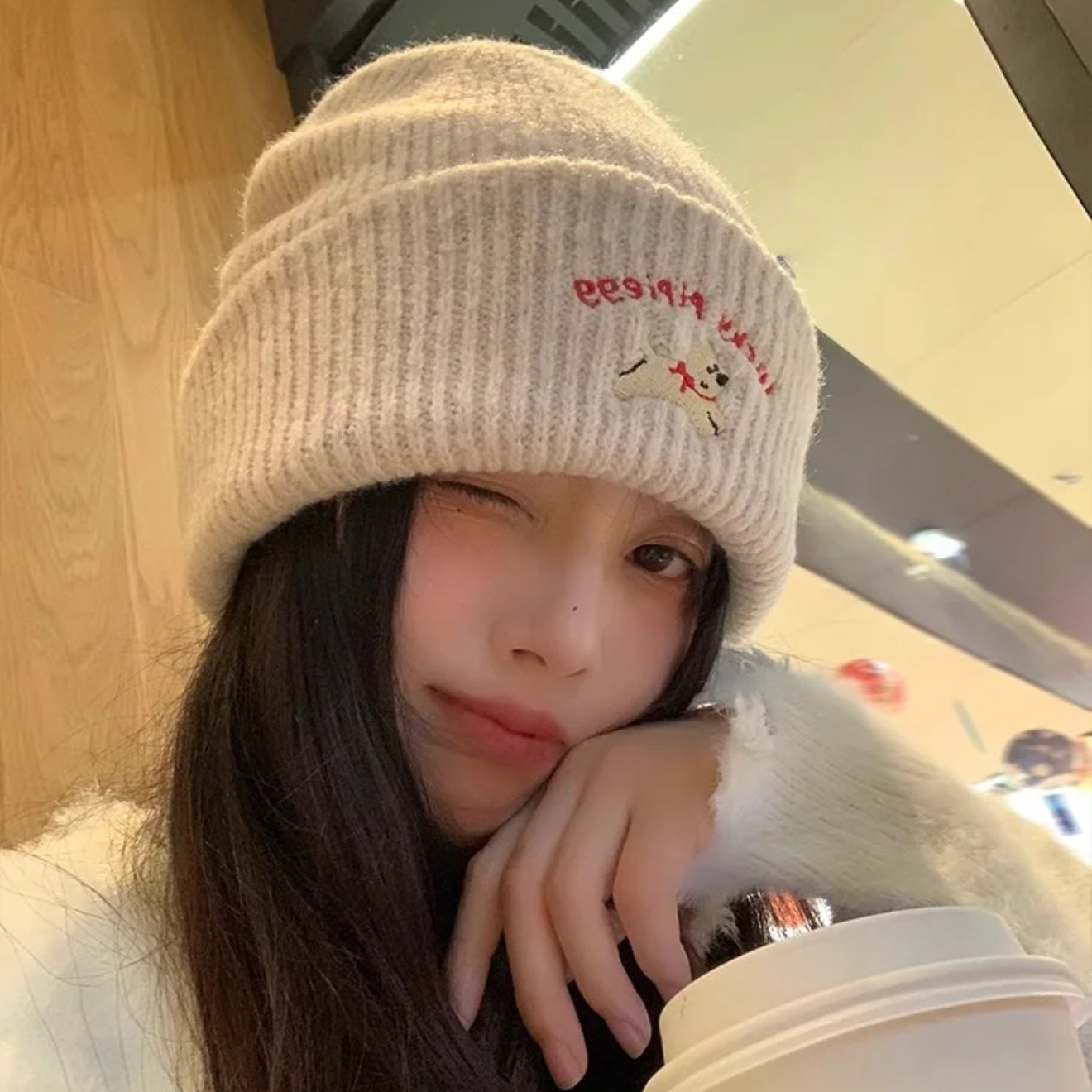 可爱小狗针织帽子女秋冬2025新款大头围显脸小卡通刺绣毛线帽冷帽