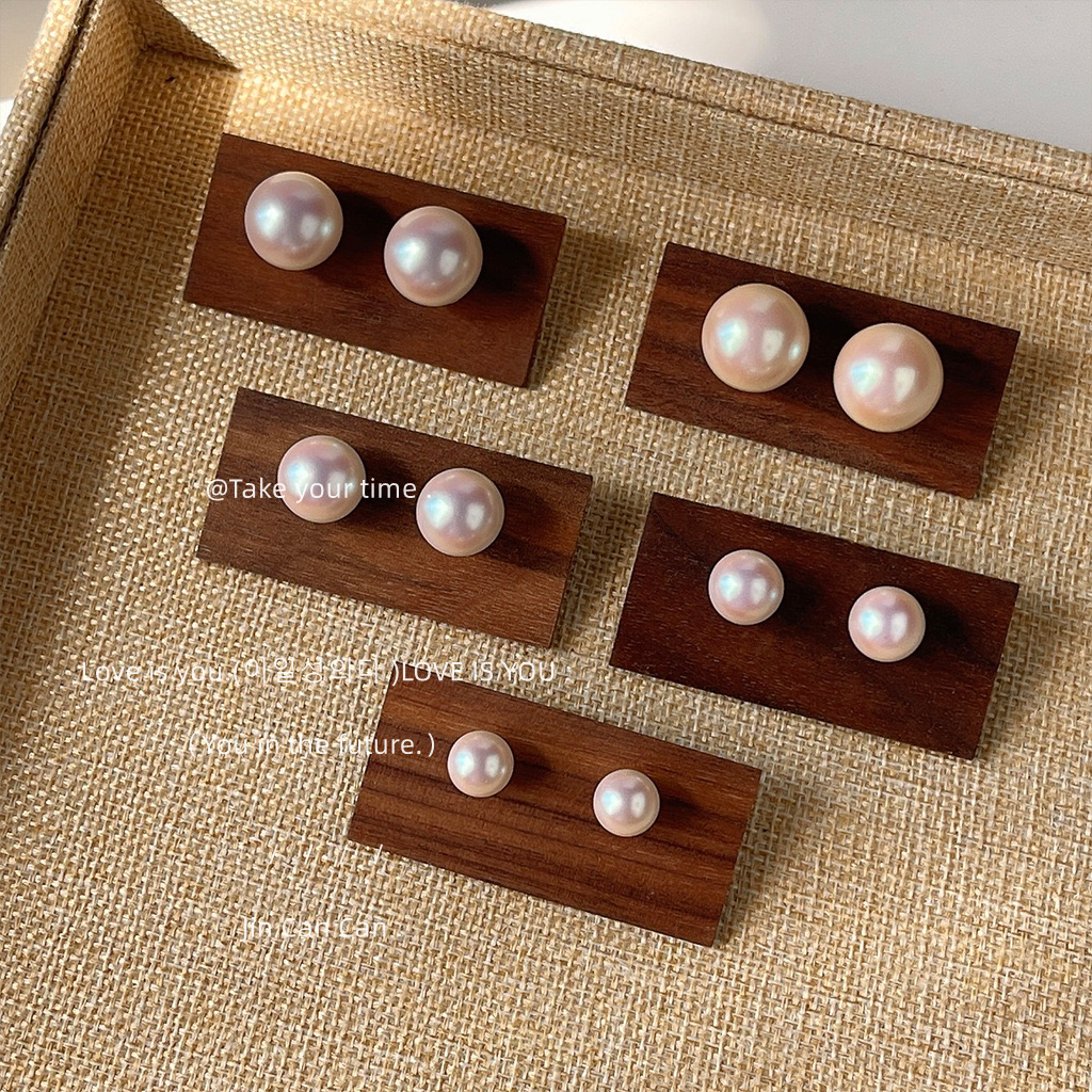 26度晚风925银正圆炫彩粉光珍珠耳钉 气质百搭高级感耳环复古耳饰