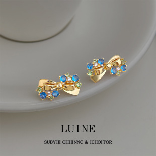 明天见ohh原创海蓝宝色锆石蝴蝶结银针耳钉时尚 耳饰女 感新款