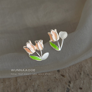 明天见ohh清新甜美通勤郁金香耳钉不对称玻璃猫眼石花朵感气质