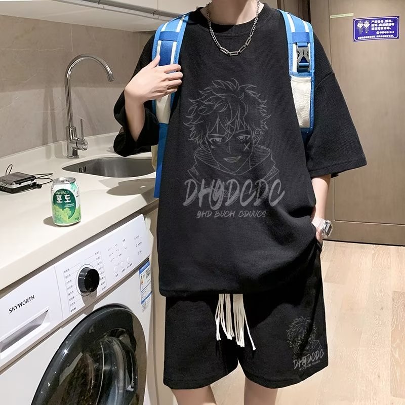 男生大码冰丝华夫格套装青少年夏季休闲运动服短裤短袖T恤男潮牌