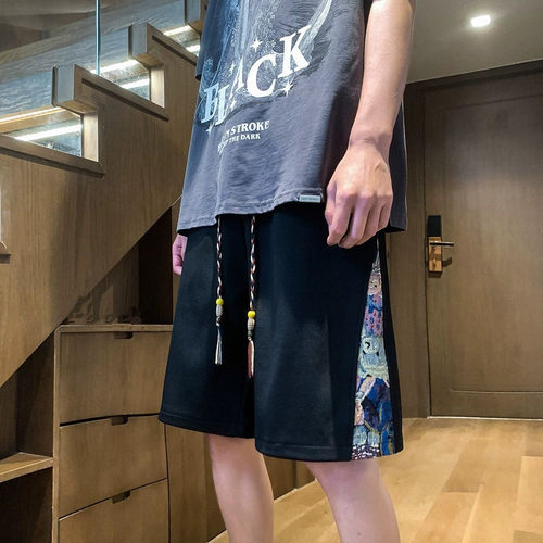 短裤男夏季新款潮牌痞帅拼接刺绣运动裤子大码宽松直筒休闲五分裤
