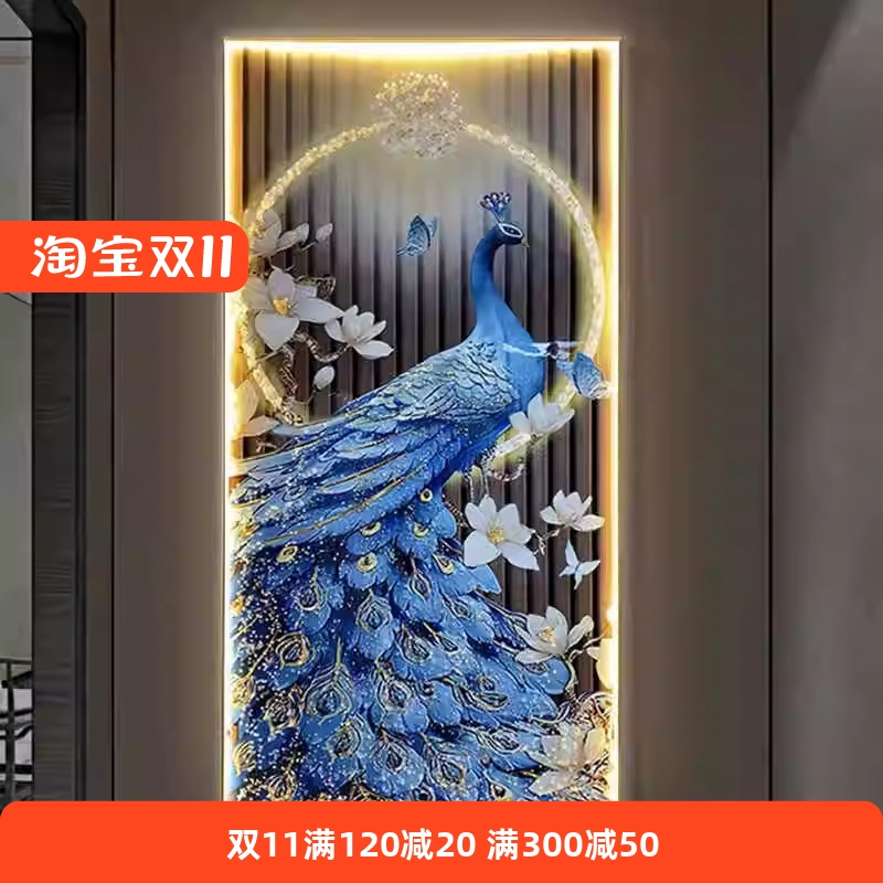 晶瓷镶钻装饰画客厅孔雀玄关过道走廊挂画新中式高档壁画led灯画图片