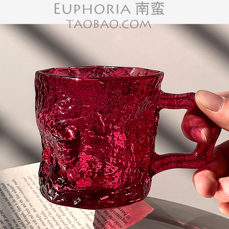EUPHORIA静奢风玫红色冰川带把玻璃杯家用喝水杯子饮料杯冰咖啡杯