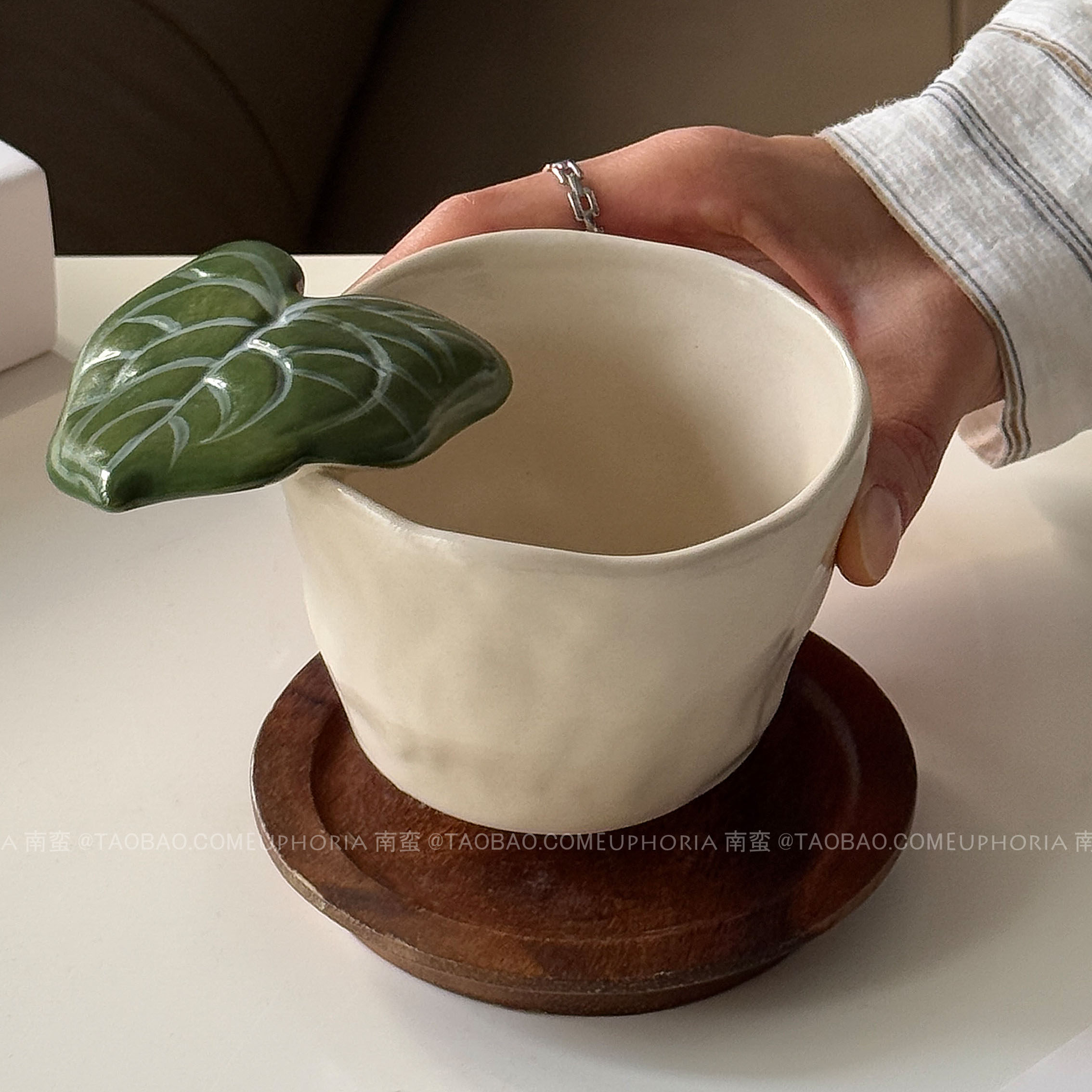 日式手作立体绿叶手握杯陶瓷杯