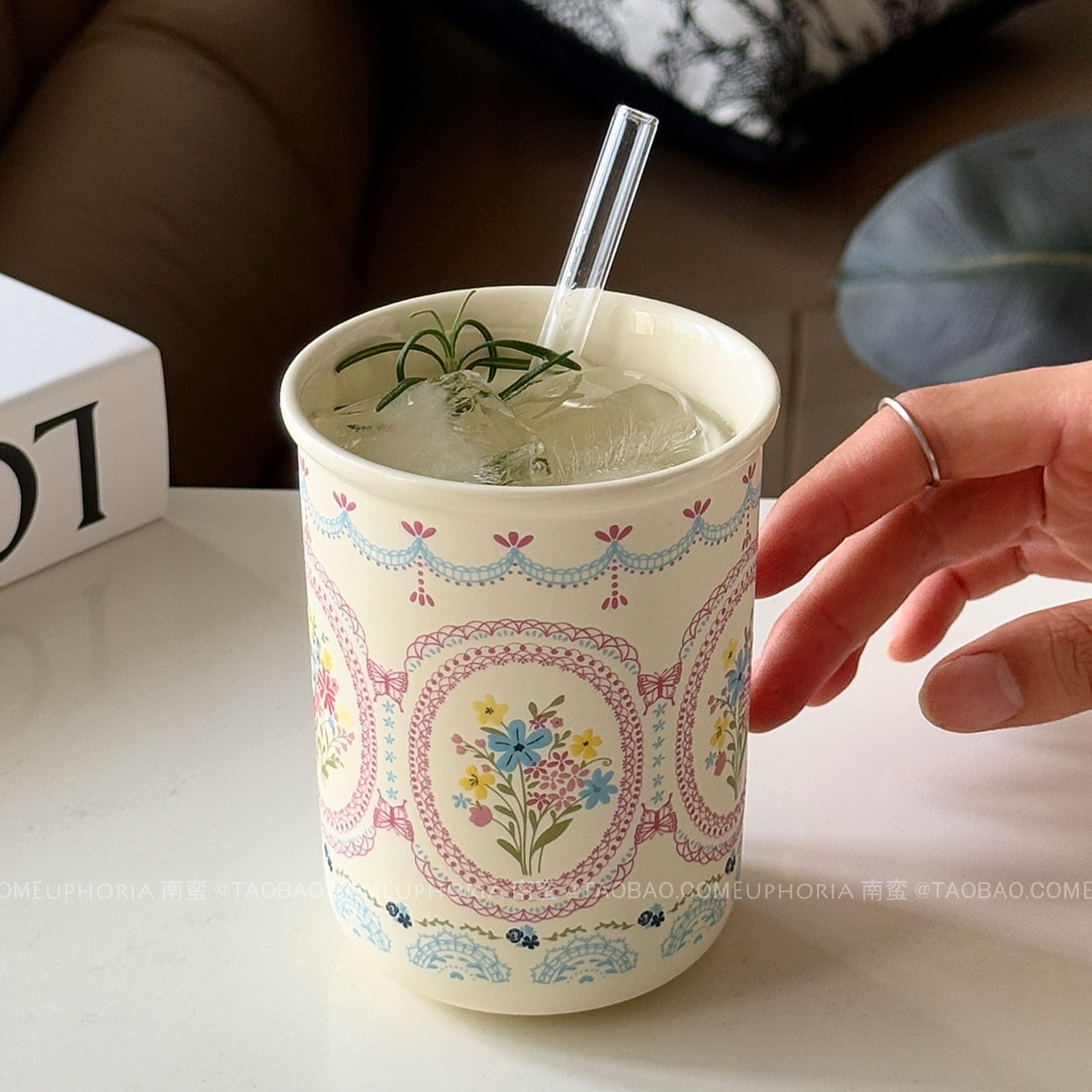 复古田园风紫兰花簇陶瓷杯咖啡杯