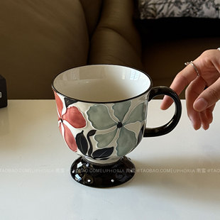 复古手绘釉下彩浮雕繁花马克杯大容量水杯子中古风陶瓷杯伴手礼物