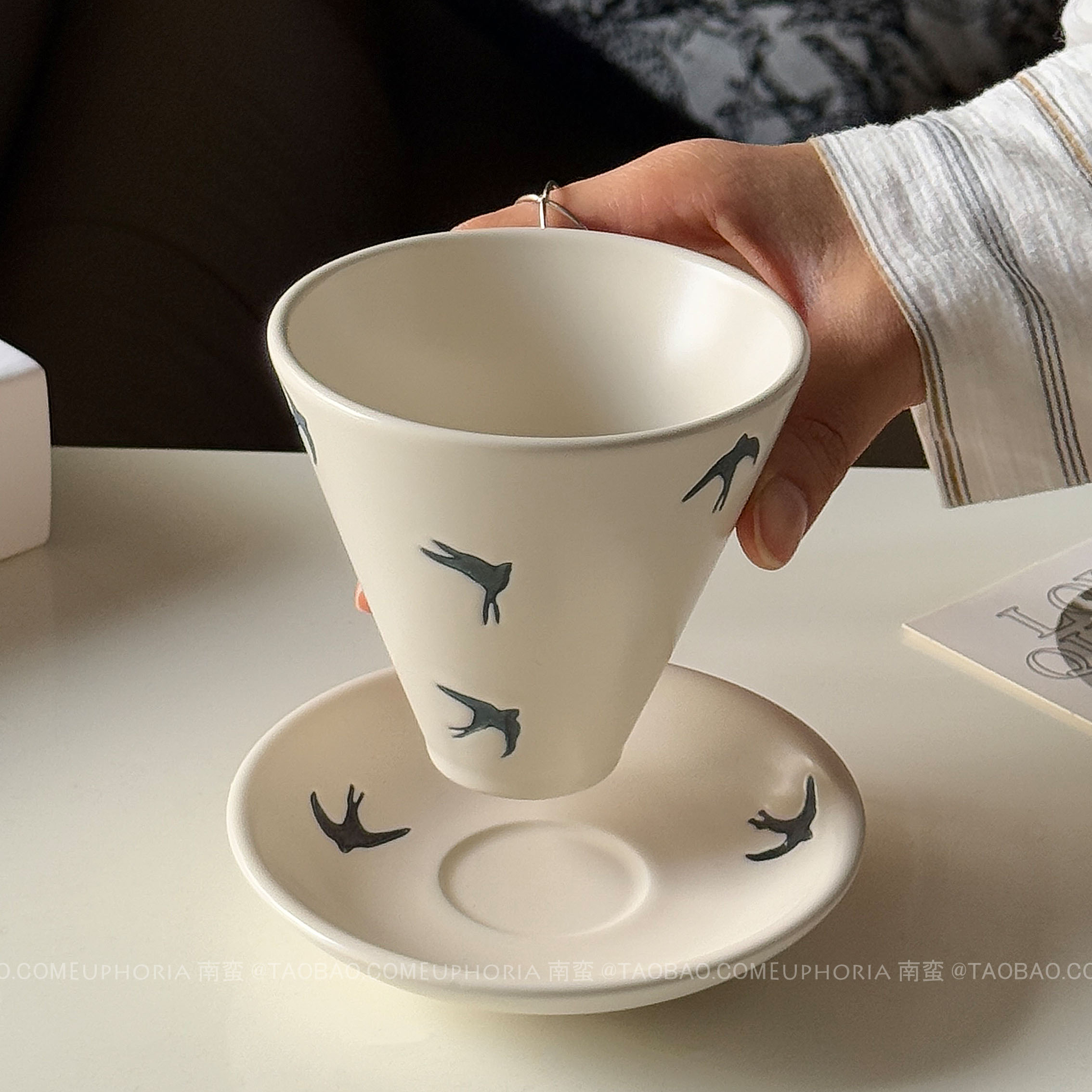 复古粗陶燕子归咖啡杯碟陶瓷杯
