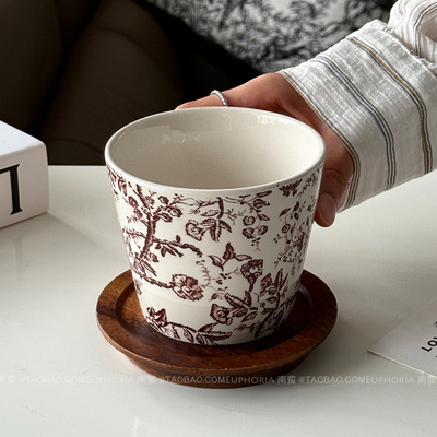 中古风棕花藤蔓陶瓷杯手握杯水杯