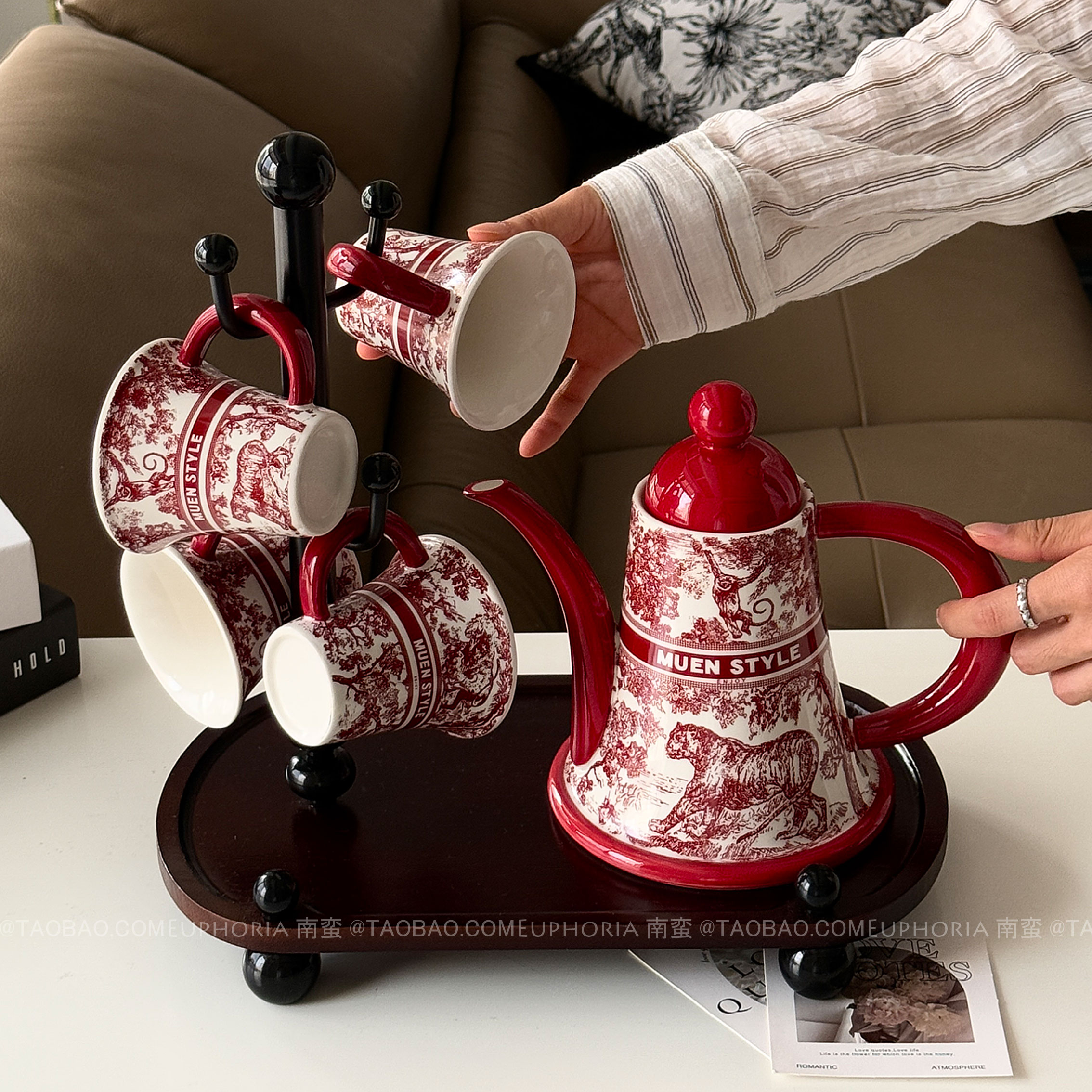 轻奢复古红丛林陶瓷水具套装家用乔迁茶壶喝水杯高级感乔迁礼盒装