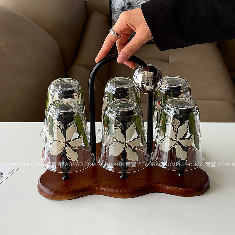 复古新中式原野南栀玻璃杯套装耐热待客杯具水杯果汁杯拿铁咖啡杯