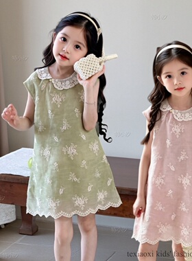 Txxkids特小汐女童新中式国风绣花连衣裙夏款儿童旗袍裙绿色碎花