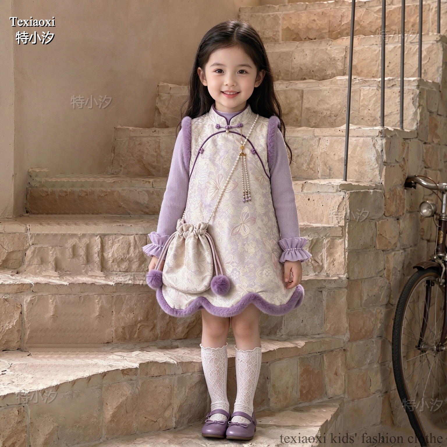 Txxkids特小汐女童新中式挎包旗袍连衣裙秋冬儿童中国风提花套装