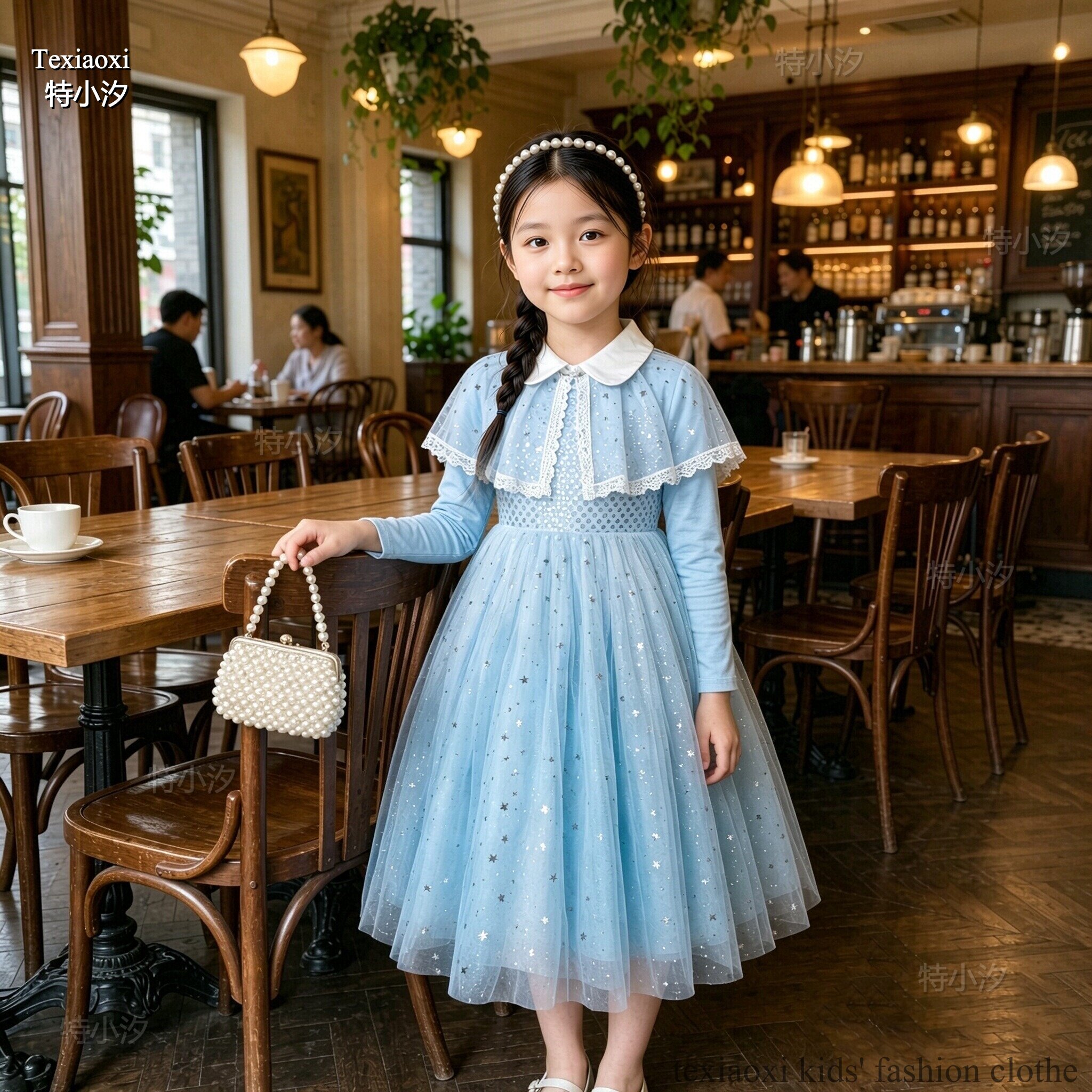 Txxkids特小汐女童公主礼服娃娃领蕾丝披肩星星亮片网纱长袖纱裙