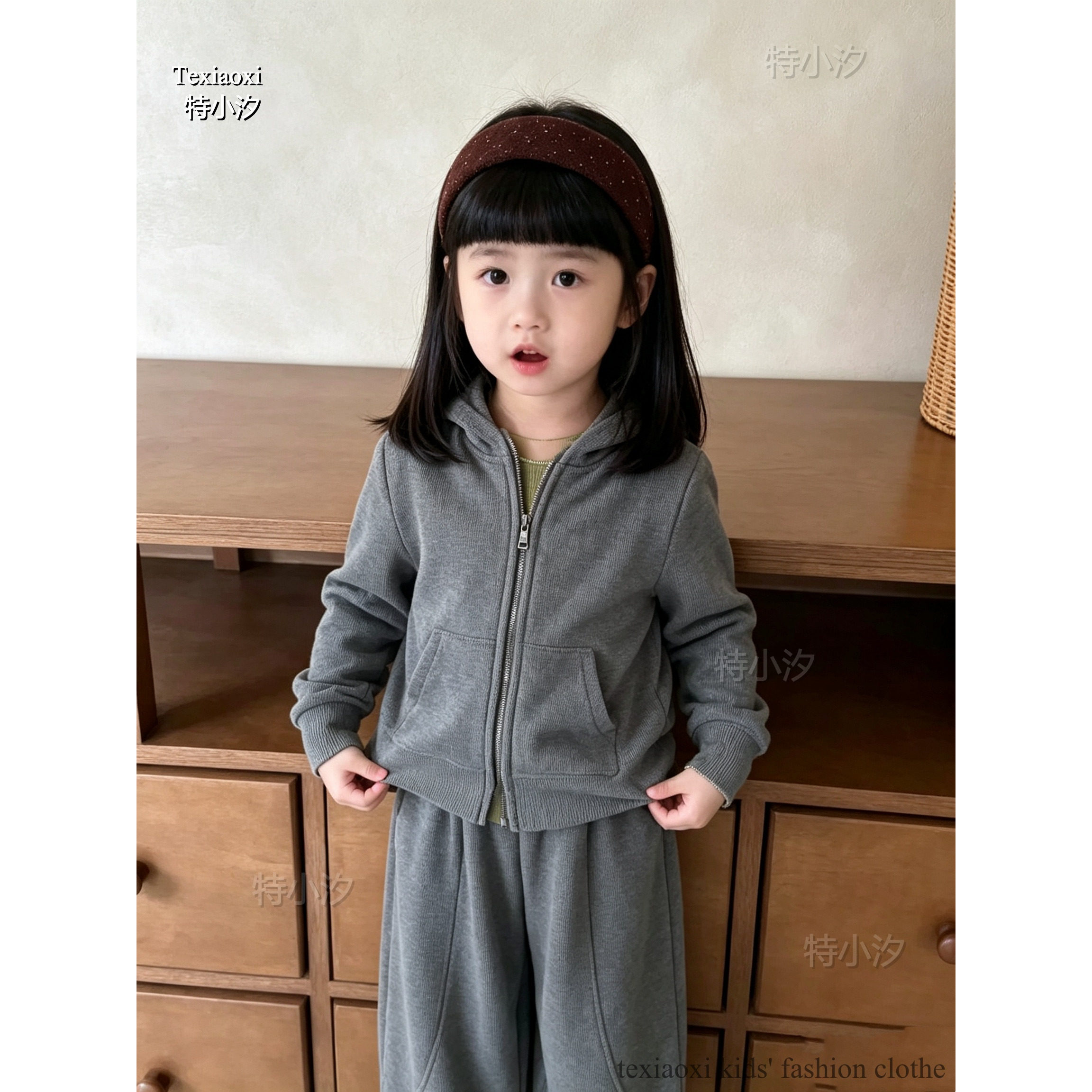 Txxkids特小汐韩版女童休闲套装儿童韩洋气灰色连帽外套休闲长裤