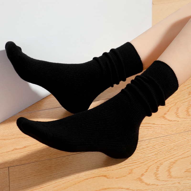 橙乙羊绒女黑色中筒袜保暖堆堆袜