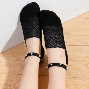 橙乙珍珠吊带船袜子女不掉跟蕾丝薄款 纯色棉底浅口隐形短袜春夏季
