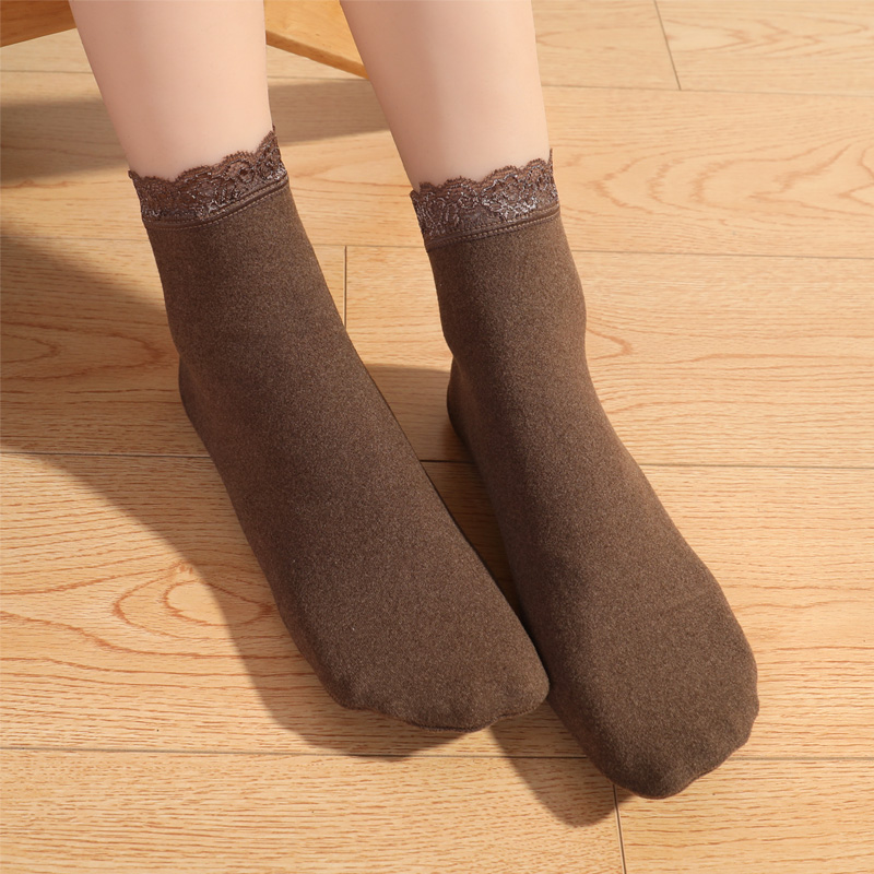 橙乙蕾丝保暖中筒袜女德绒加厚冬