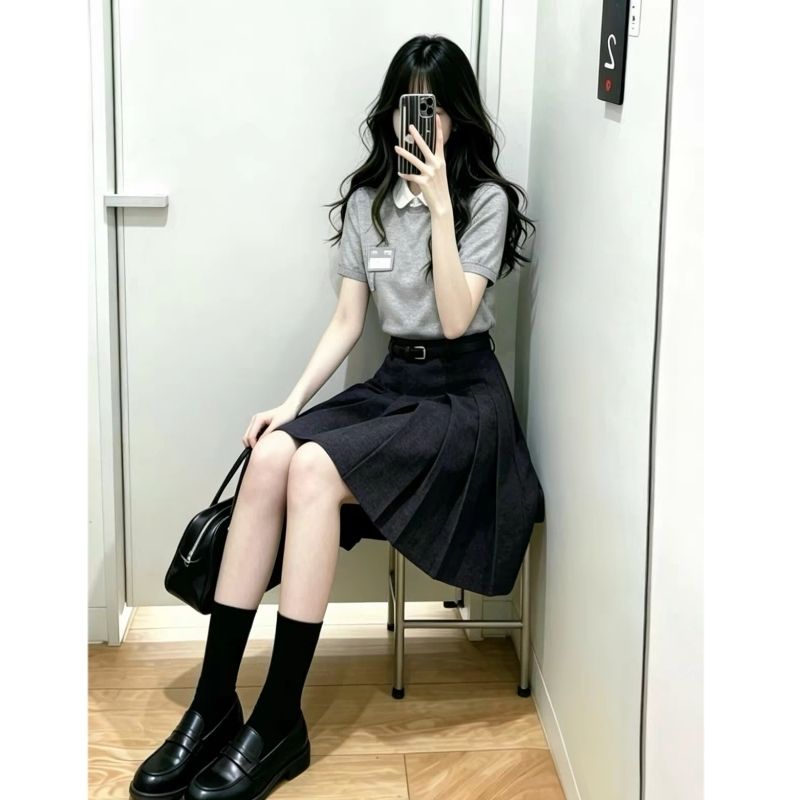 学院风短袖T恤半身连衣裙女夏季2026新款小个子穿搭一整套装长裙