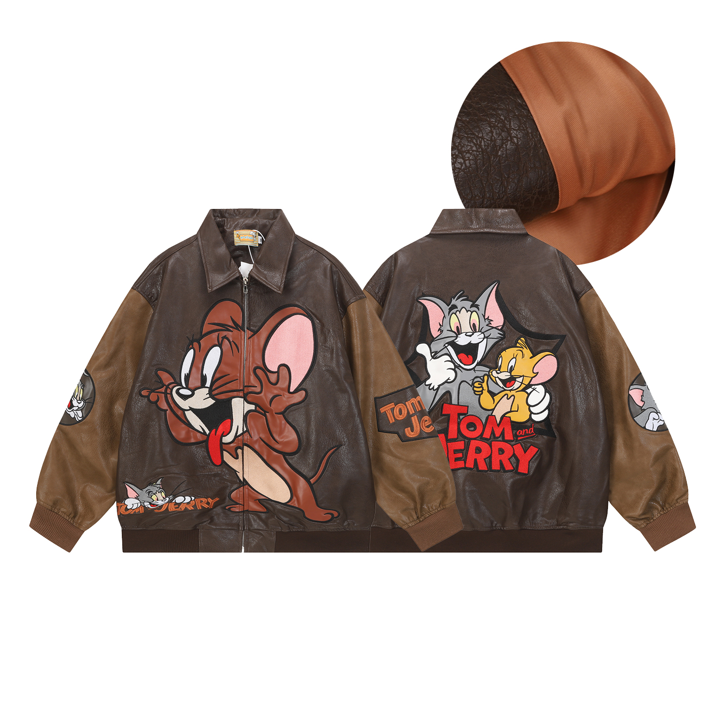 美式复古卡通猫和老鼠刺绣皮衣外套男女情侣宽松休闲PU夹克撞色衫