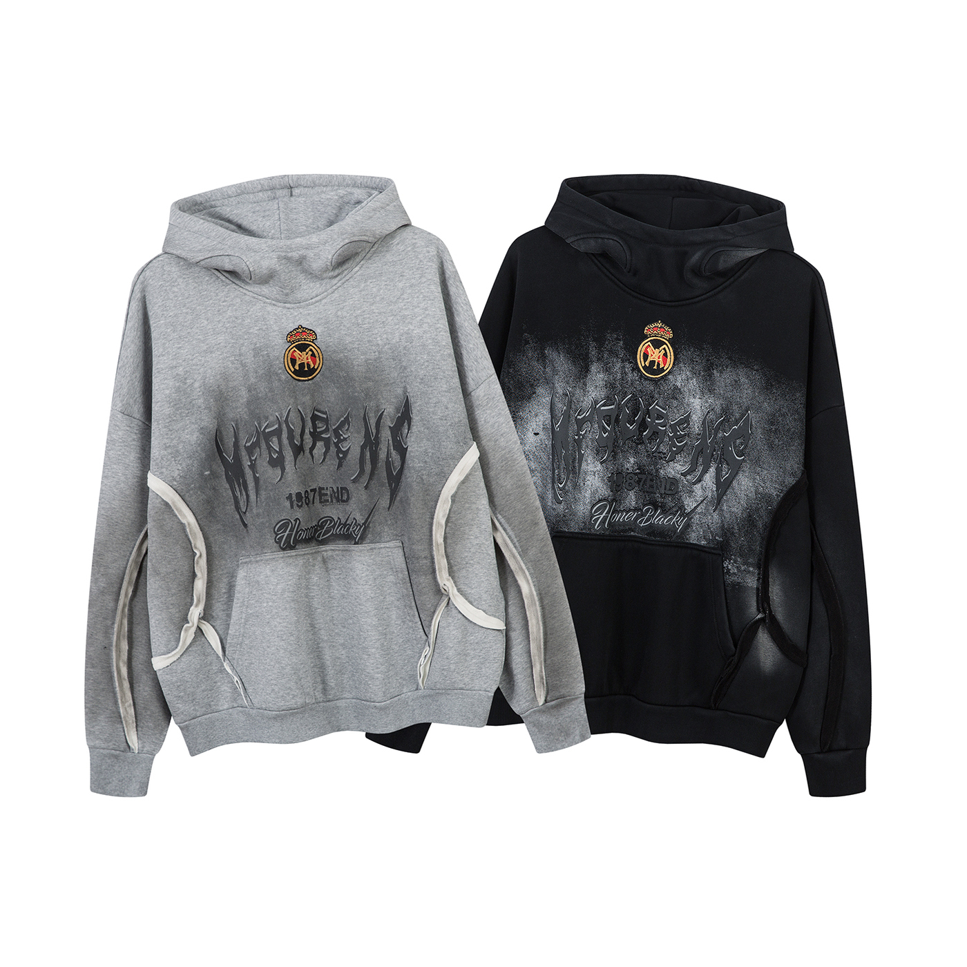 2025美式高街废土风水洗连帽男女冬季潮牌小众毛边加绒保暖卫衣