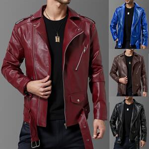 秋冬男士修身翻领斜拉pu皮衣英伦时尚骑士机车服皮夹克JP90特P75图片