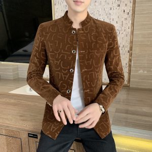 2021秋冬新品中国风修身中山装立领西服时尚印花X077p80