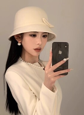 羊毛呢渔夫帽女秋冬法式复古赫本风留洋千金帽气质名媛白色礼帽子
