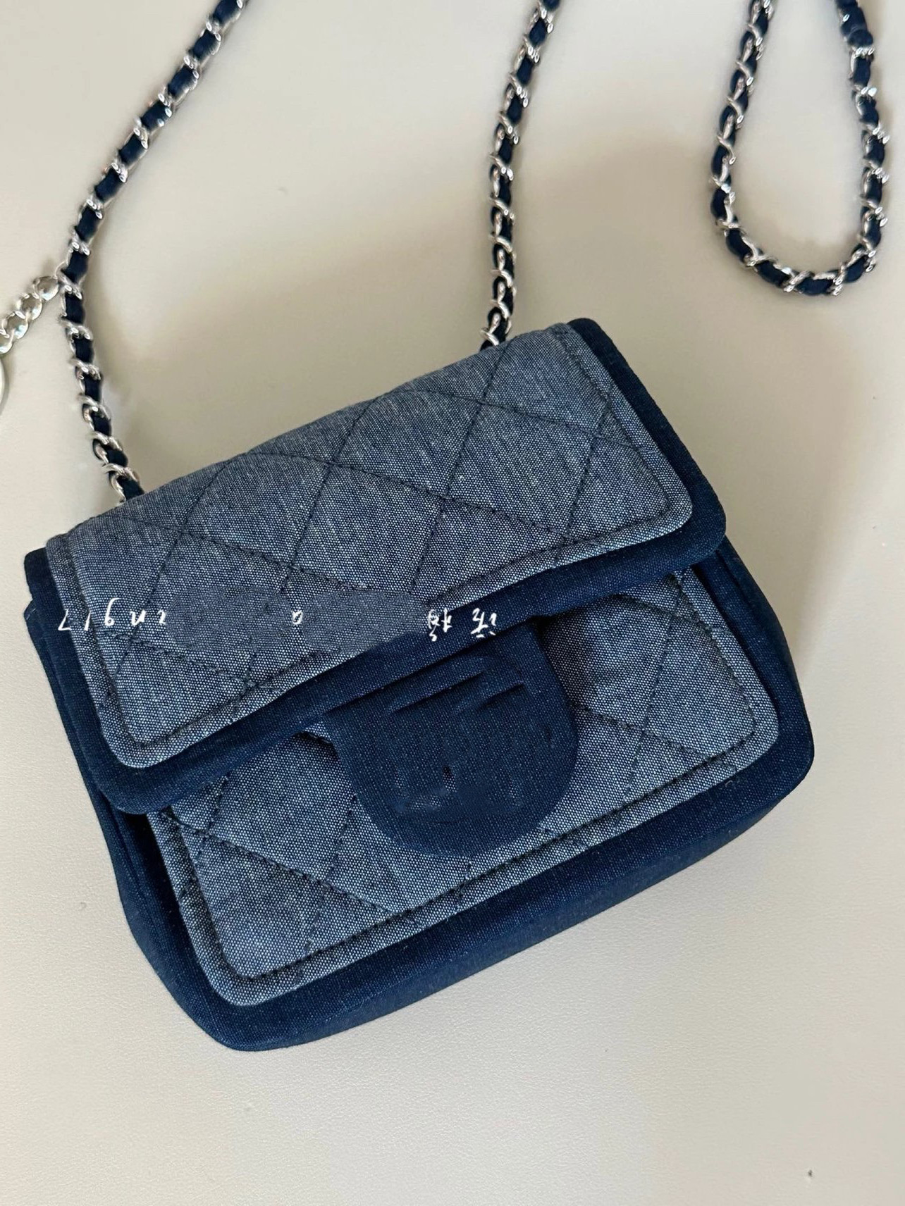 中古vintage方胖子徽章牛仔布菱格链条单肩斜挎包