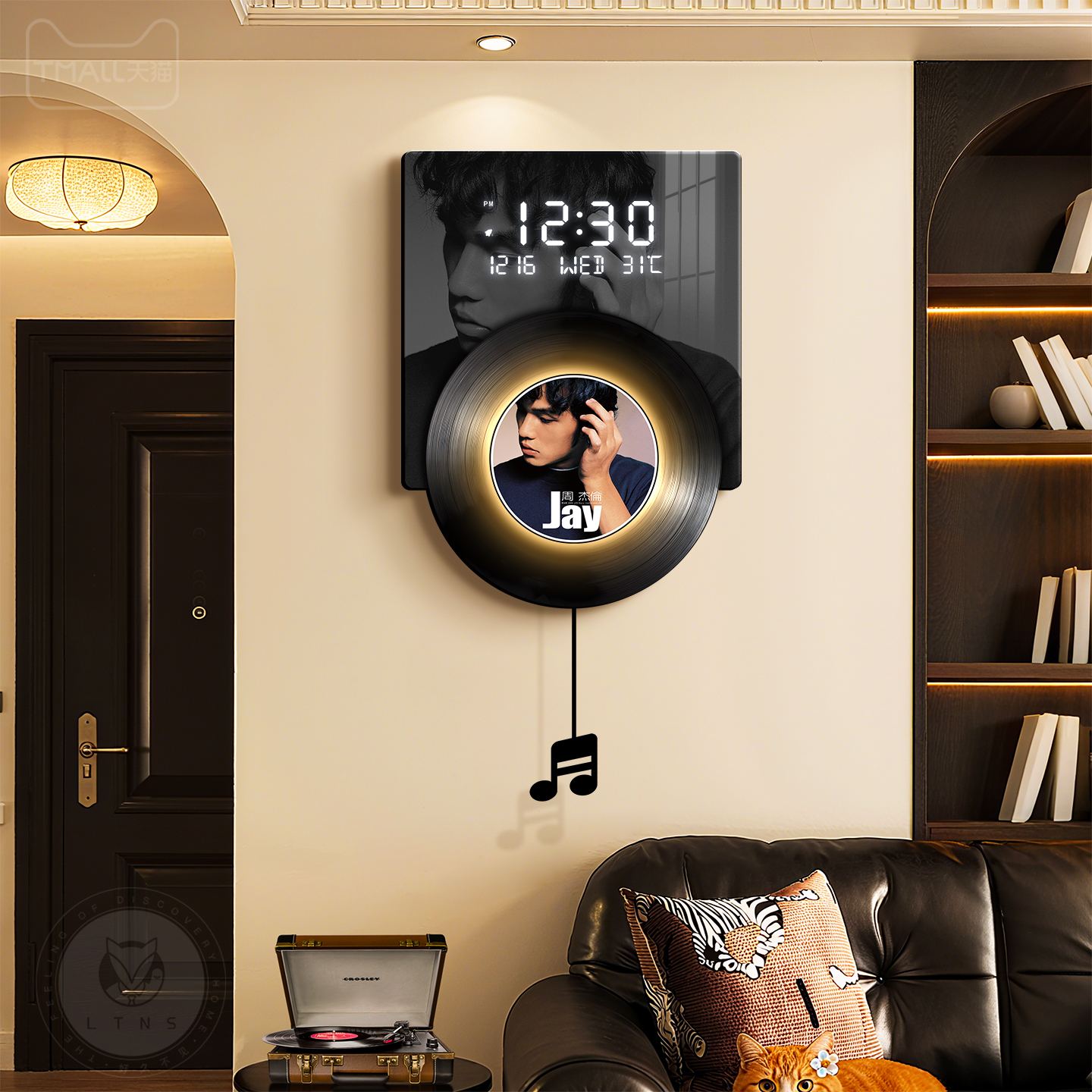 复古风黑胶唱片挂钟客厅电子时钟