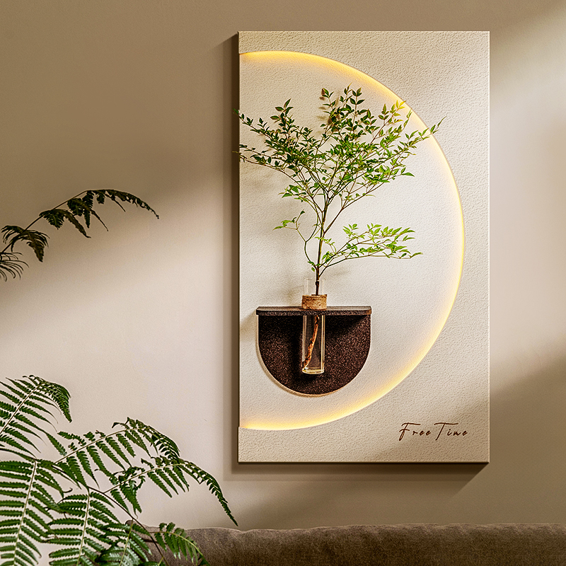奶油风客厅装饰画创意水培绿植灯光画高档玄关挂画入户正对门壁画图片