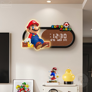 超级玛利欧客厅挂钟2025新款高级感发光时钟挂画创意卡通电子钟表