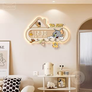 奶油风餐厅装 饰挂钟猫和老鼠万年历电子时钟洞洞板客厅背景墙钟表