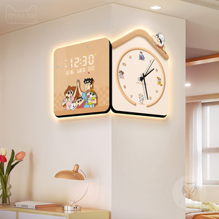 蜡笔小新奶油风拐角挂钟万年历电子钟高级感双面转角时钟客厅钟表